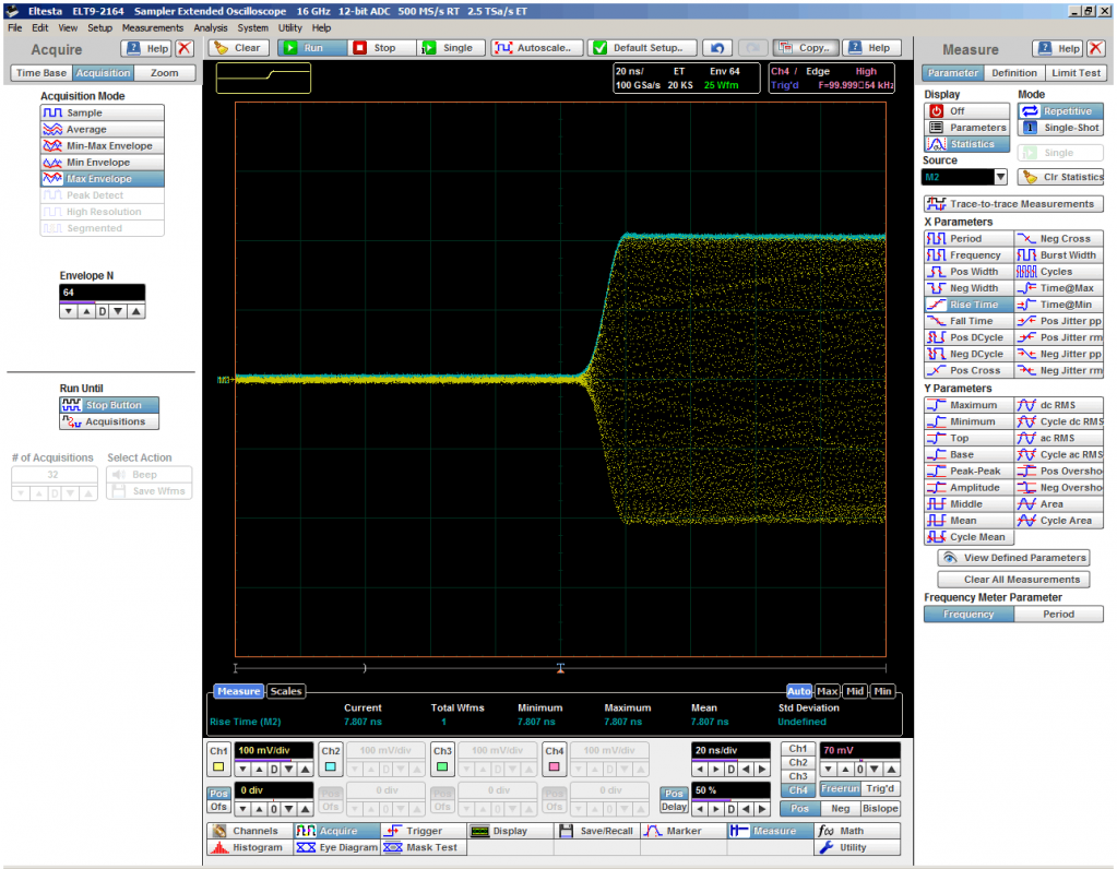 Рис. 20. Режим огибающей (голубой) позволяет детектировать амплитудно-модулированный сигнал с длительностью фронта 8 нс (желтый).png