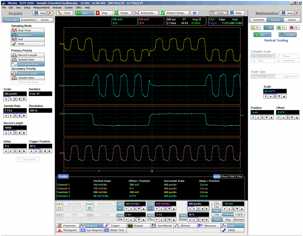 Рис. 35. Пример используемых арифметических функций. Зеленый – канал 3, фиолетовый – канал 4, желтый – сумма 3-го и 4-го каналов. голубой – произведение 3-го и 4-го каналов Рис. 35. Пример используемых арифметических функций..png